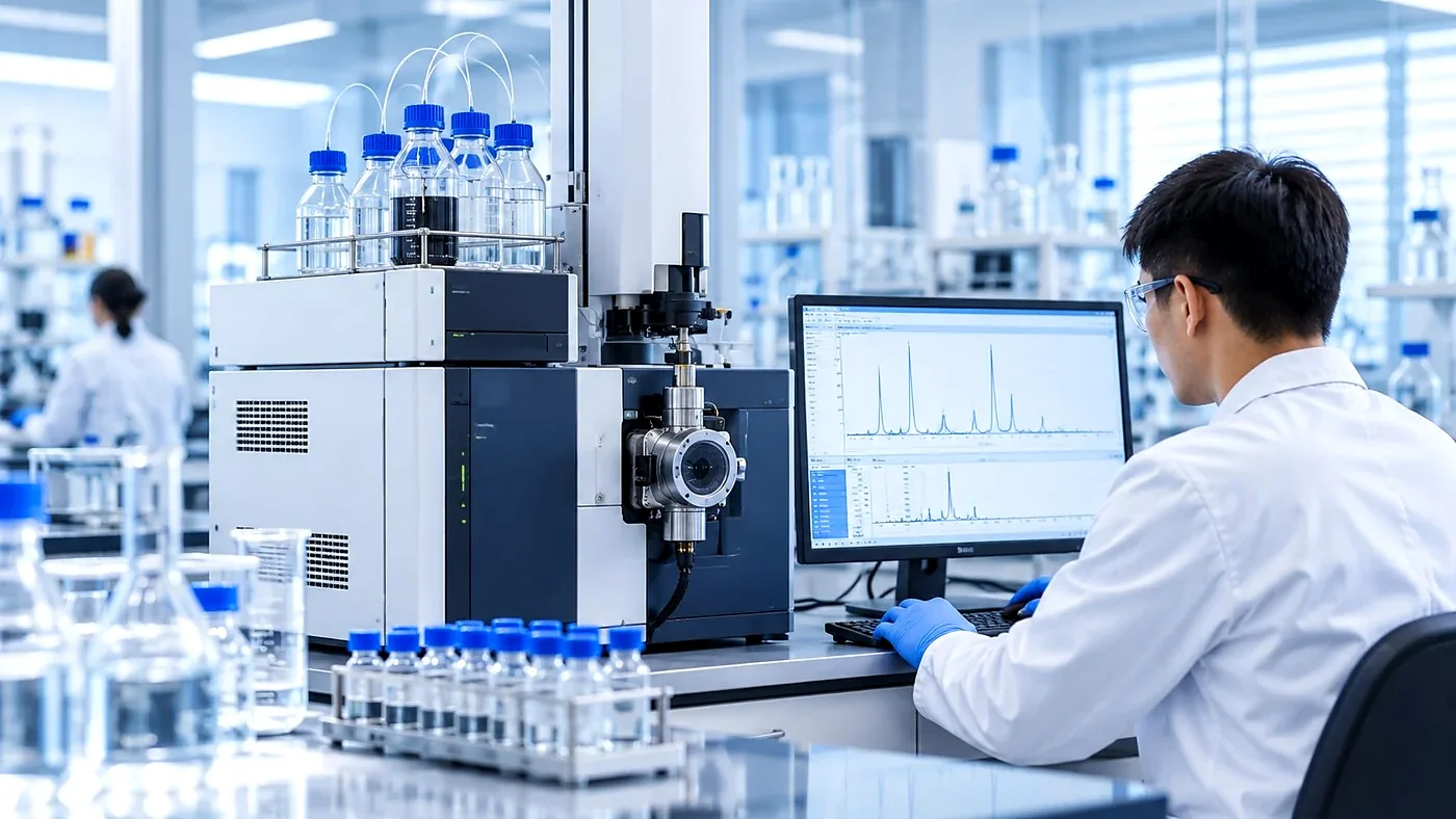 DECHEM quality control laboratory: gas chromatography system with an analyst reviewing the chromatogram