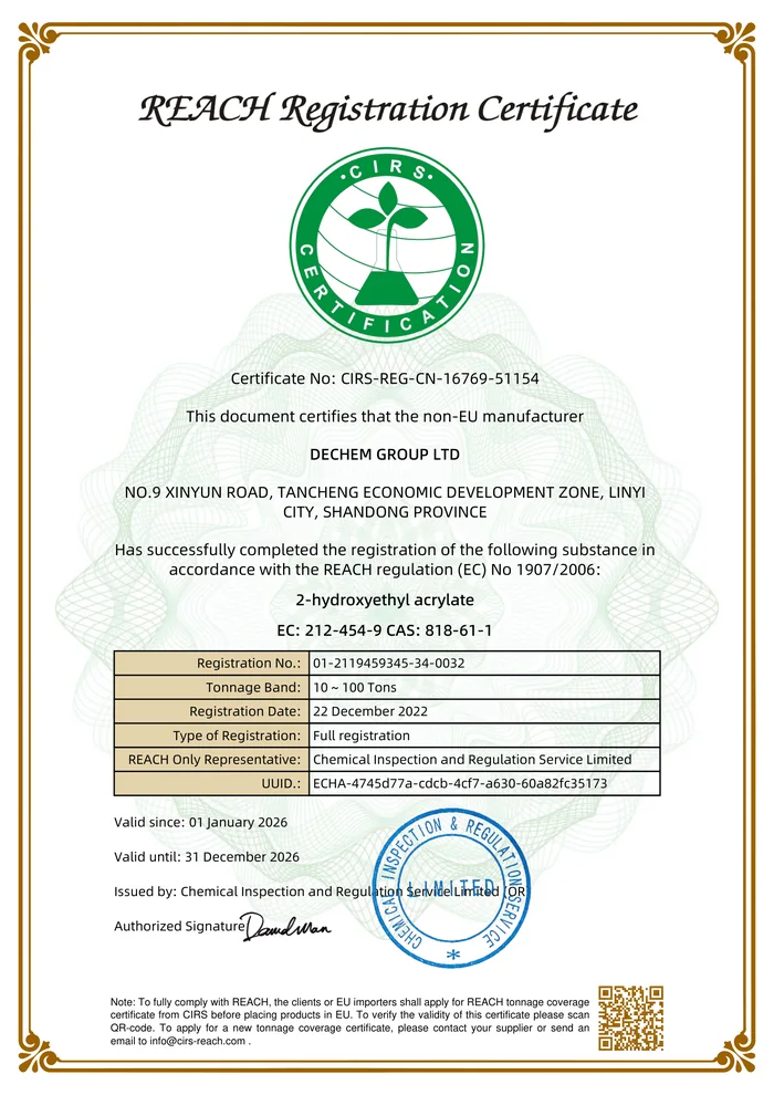 REACH Registration Certificate - 2-HEA (CAS 818-61-1)