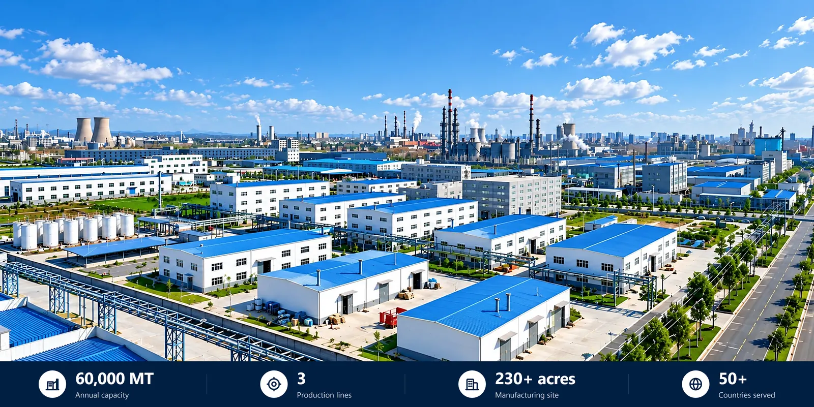 Aerial view of the DECHEM manufacturing base in the Shandong Provincial Chemical Park: 60,000 MT annual capacity, 3 production lines, 230+ acres and customers in more than 50 countries